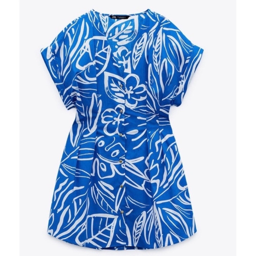 NEW‎ Zara Blue White Print Short Sleeve Mini Dress Casual Summer Vacation Size S